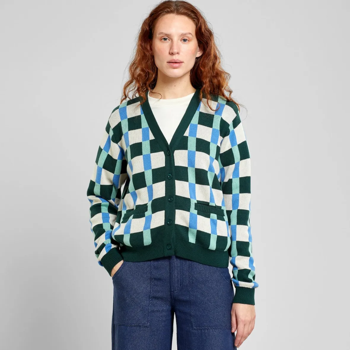 Outlet Cardigan Iggesund Retro Check Dark Green Women Knitwear