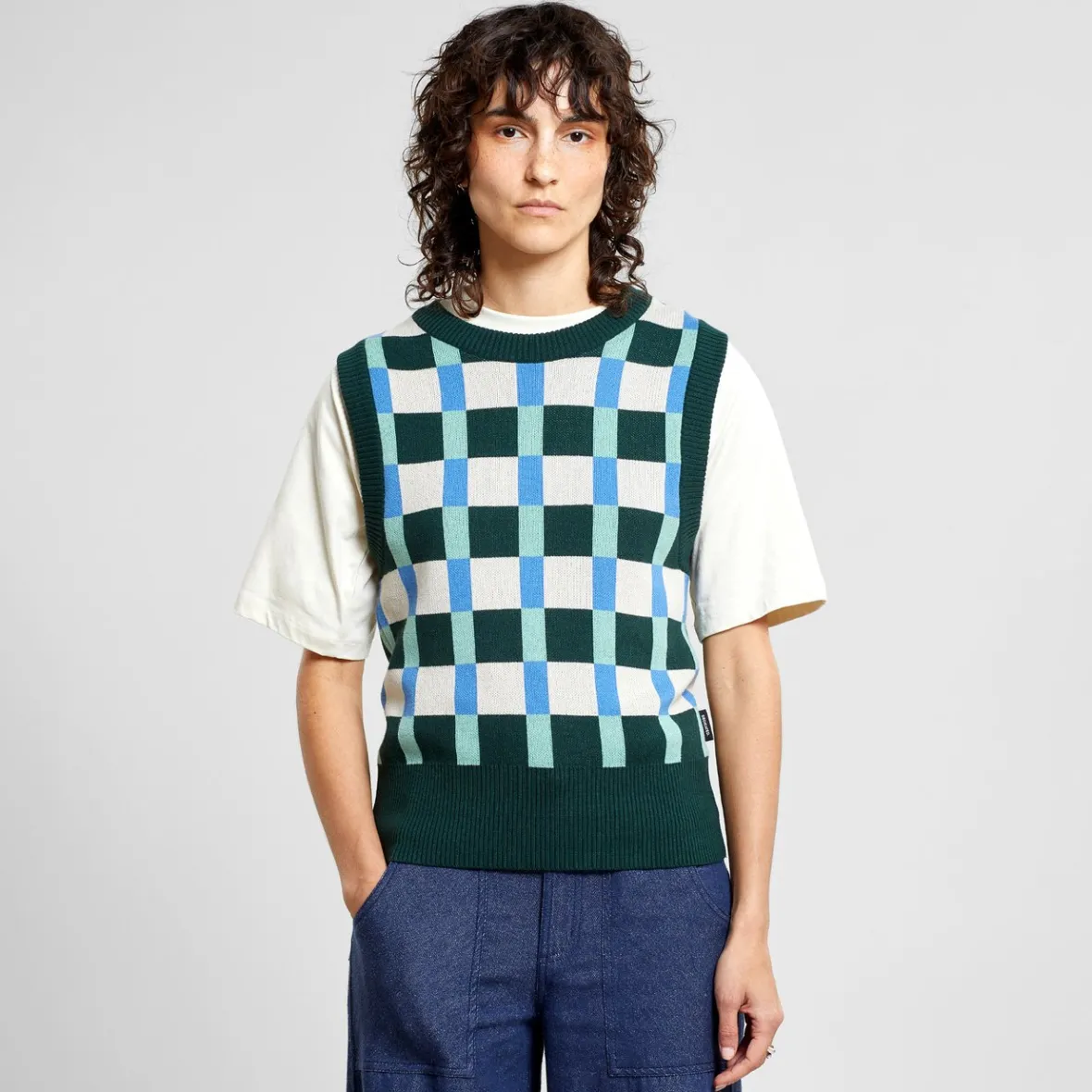 Fashion Vest Vika Retro Check Dark Green Women Knitwear